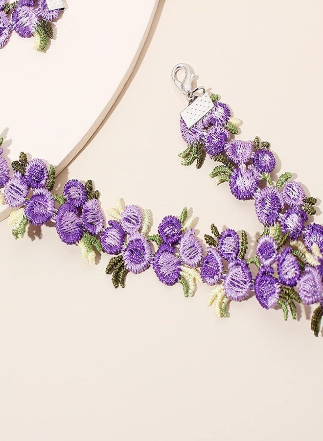 GUAFEIH Women Boho Flower Embroidered Lace Choker Necklace (Purple) - Image 4